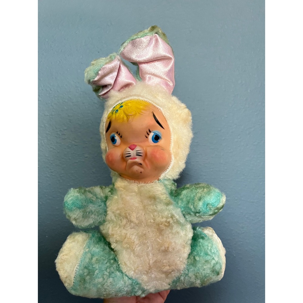Vintage Rubber Face Pouting Bunny Plush Teal‎ White Sad Face Rushton Style 1950s
